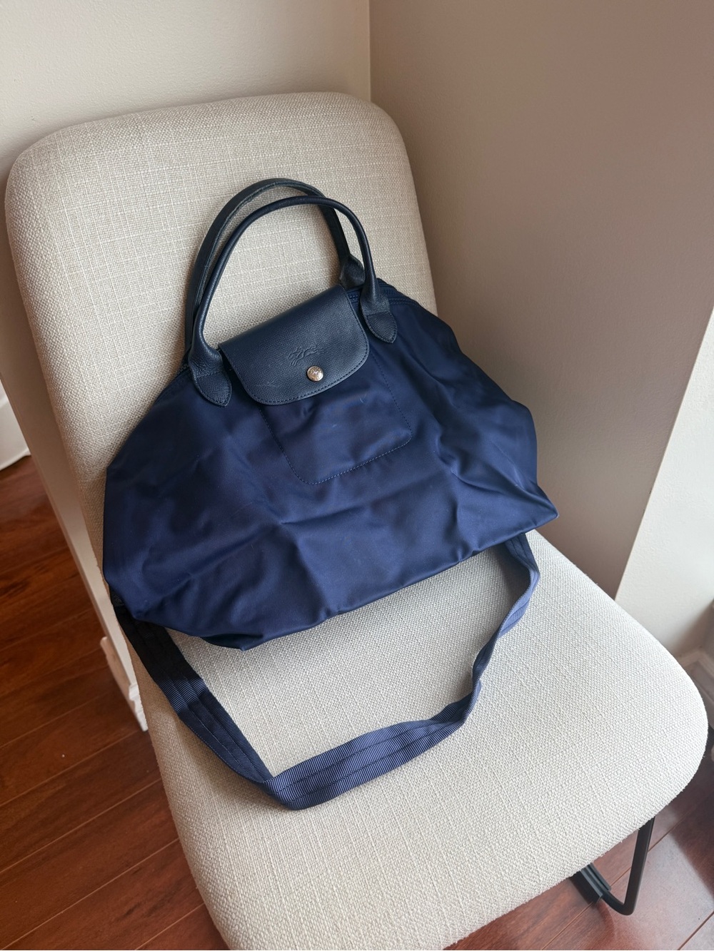 Longchamp Navy Foldable Nylon Tote with Leather Trim